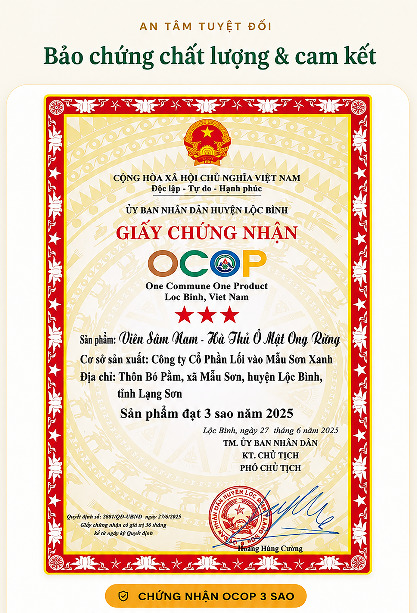 Bảo chứng chất lượng & cam kết — Giấy chứng nhận OCOP 3 sao